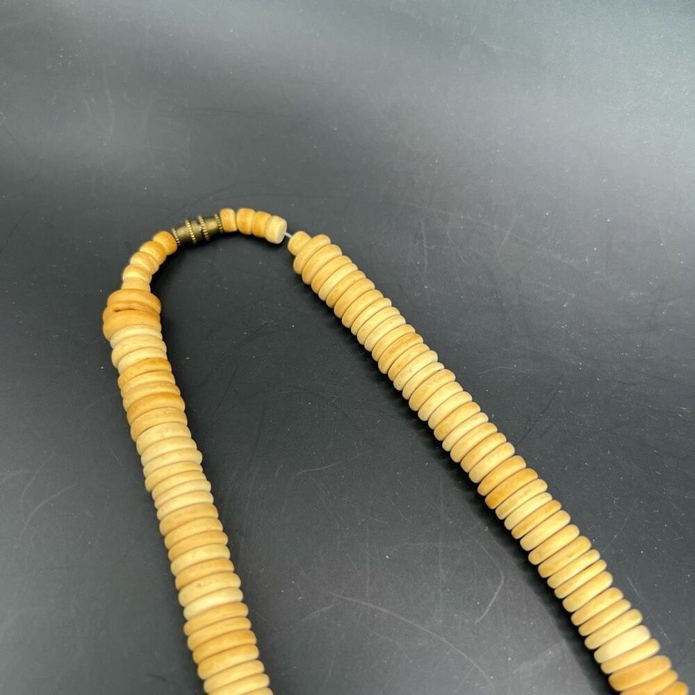 Chunky Boho Wood Necklace Carved Bead Disk Round Beads Vintage Tan Heritage - Picture 4 of 6